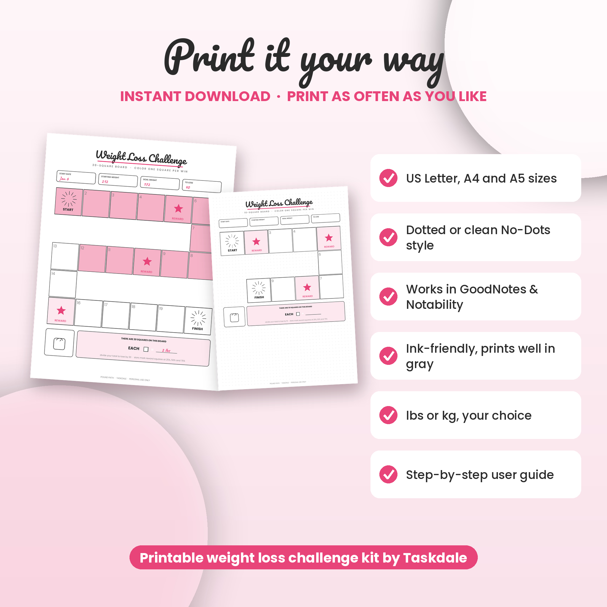 US Letter, A4 and A5 printable weight loss tracker in dotted and no-dots styles