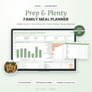 Prep & Plenty family meal planner spreadsheet dashboard for Excel and Google Sheets