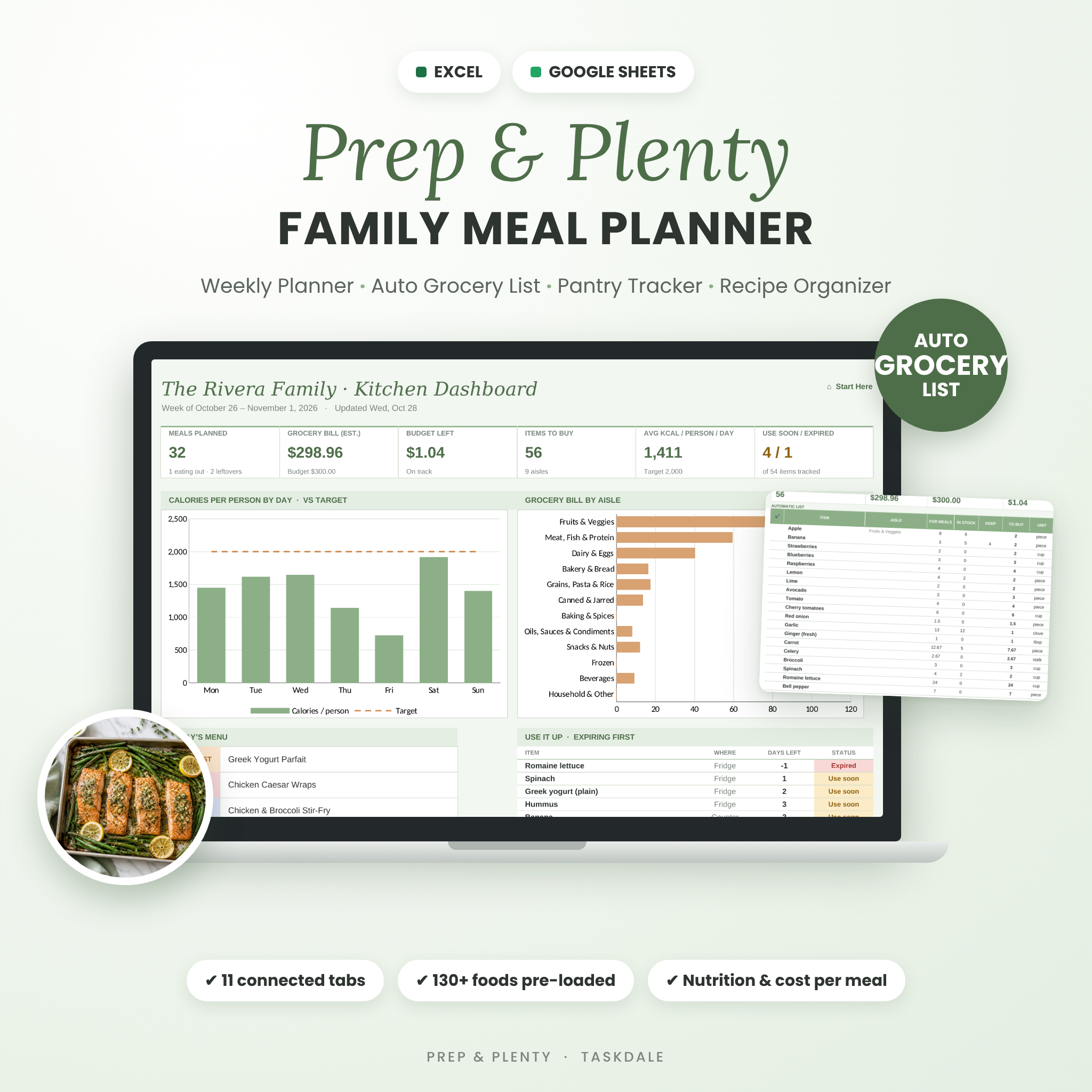 Prep & Plenty family meal planner spreadsheet dashboard for Excel and Google Sheets