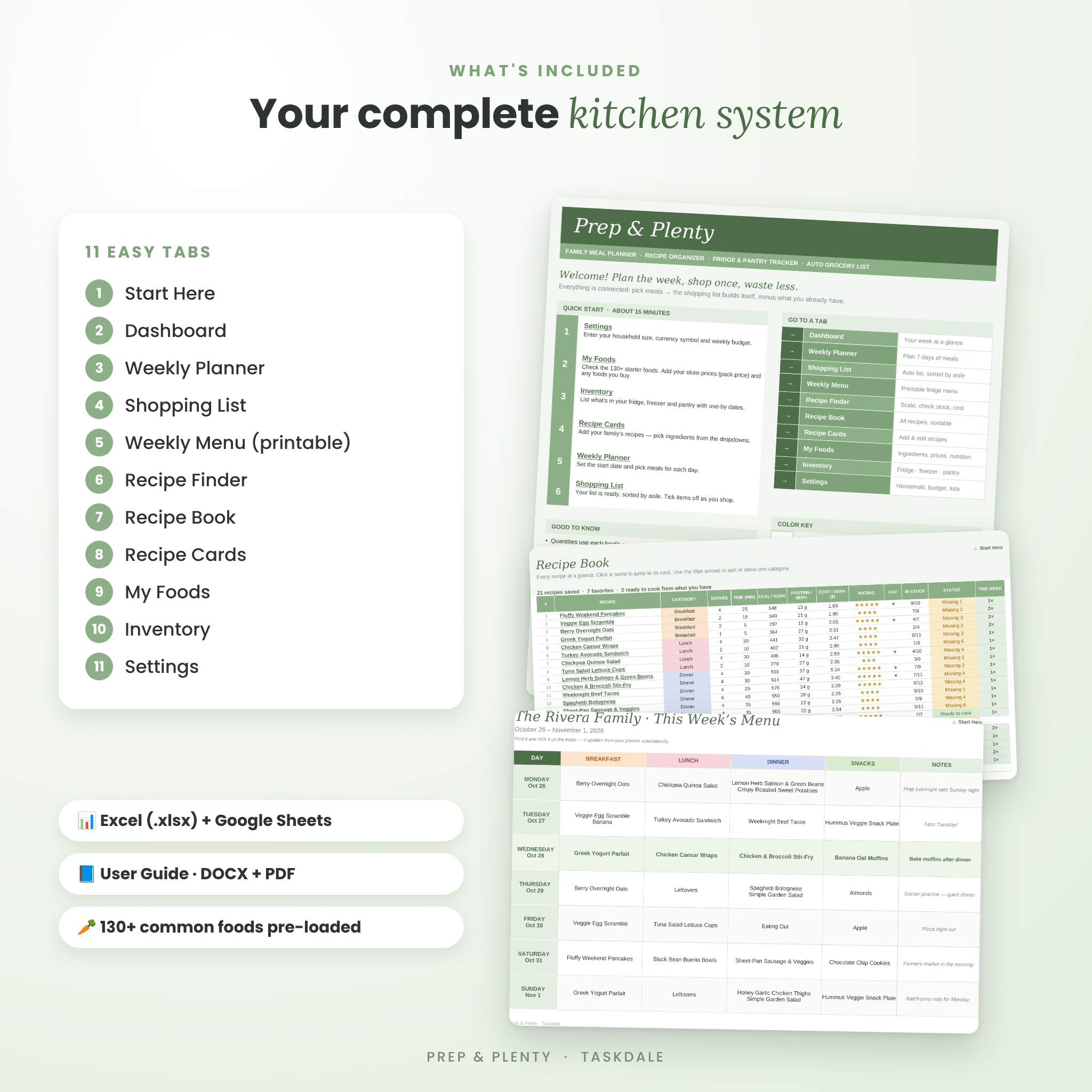 What's included: 11-tab meal planner spreadsheet and user guide