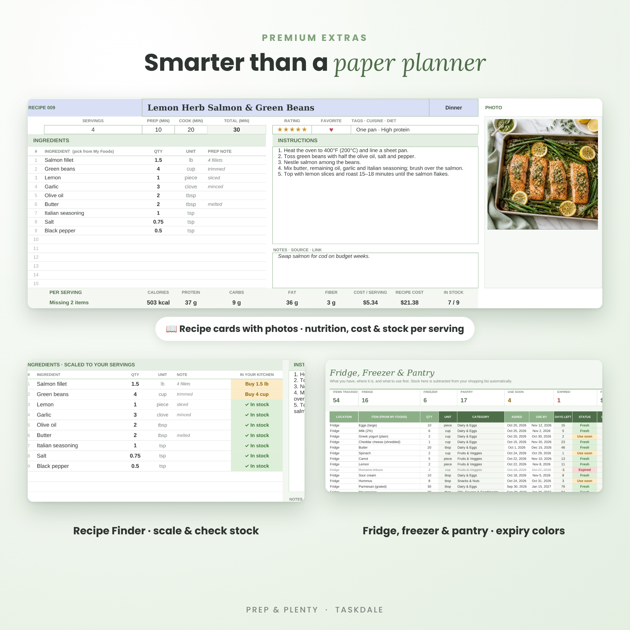 Recipe card with photo, recipe finder scaling and fridge pantry expiry tracker