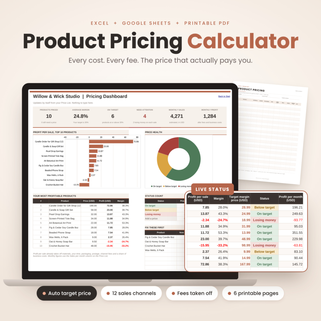 Product pricing calculator spreadsheet hero with dashboard