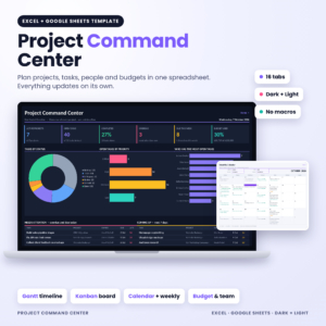 Project Command Center project management spreadsheet dashboard in dark mode