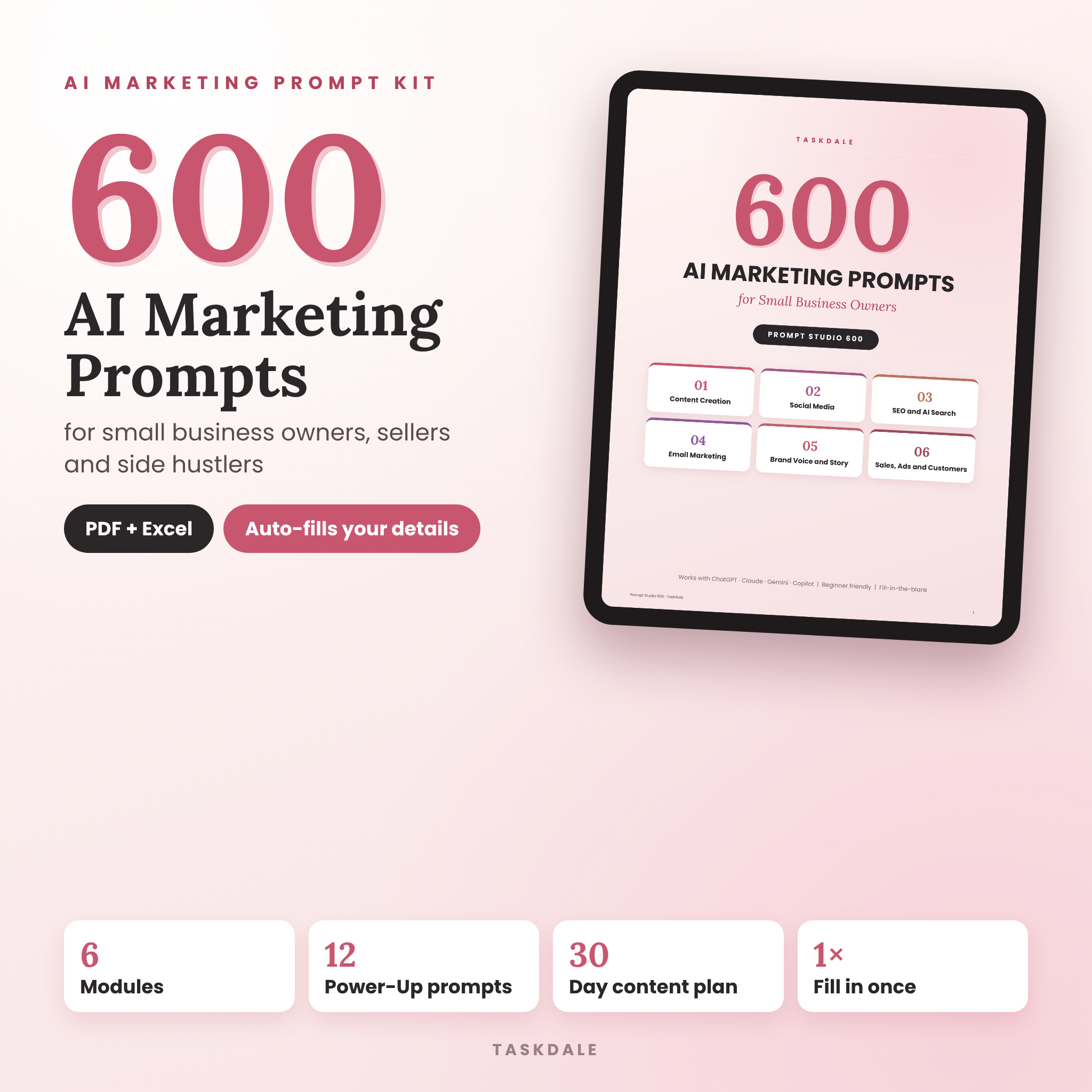 Prompt Studio 600 AI marketing prompts for small business, PDF guide and Excel prompt library