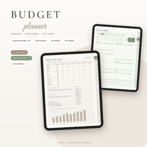 Quiet Money digital budget planner on two tablets, finance overview and monthly budget