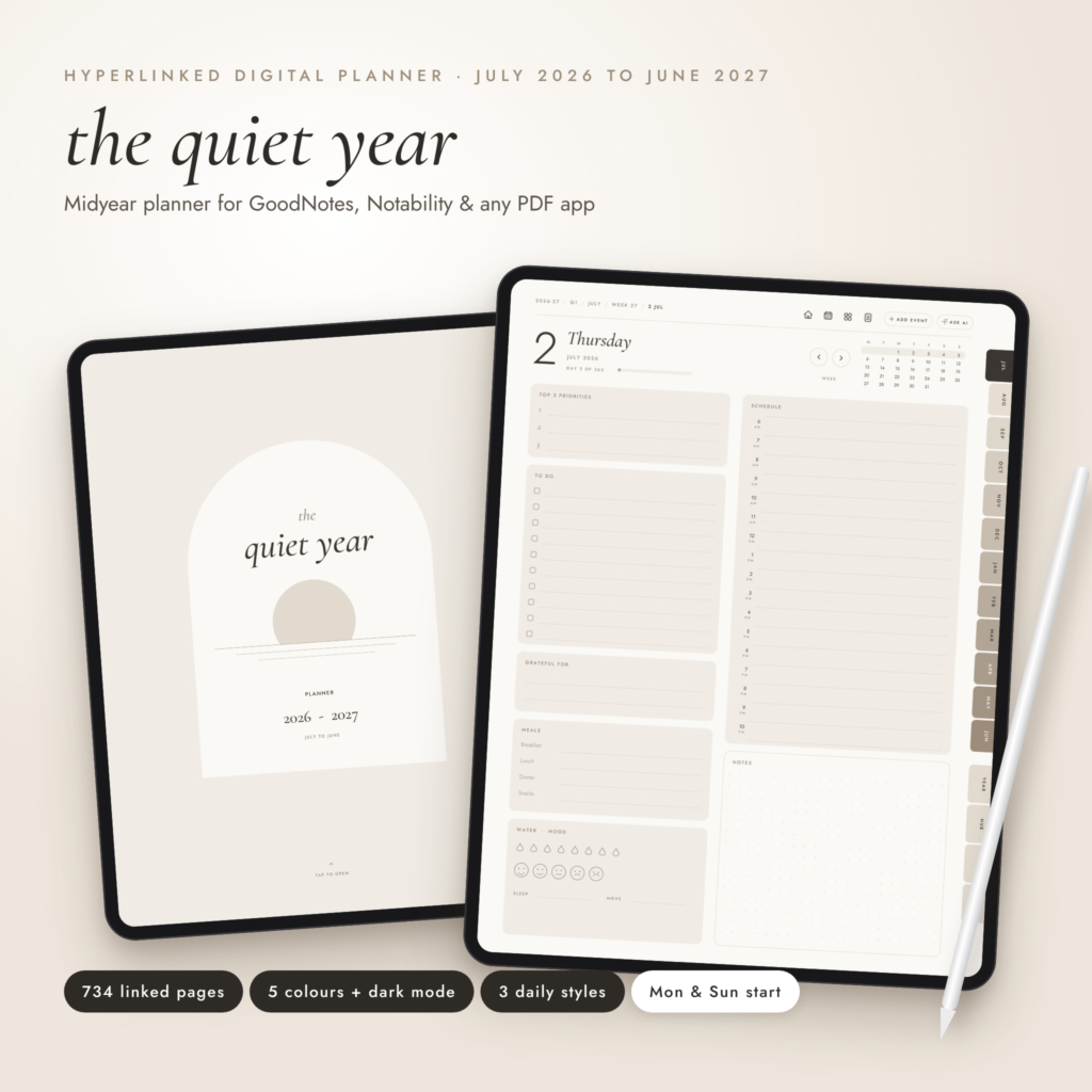 Quiet Year Planner 2026-2027 hyperlinked digital planner on iPad, cover and daily page