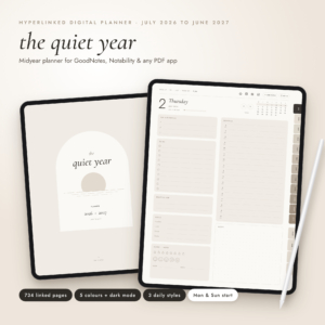 Quiet Year Planner 2026-2027 hyperlinked digital planner on iPad, cover and daily page