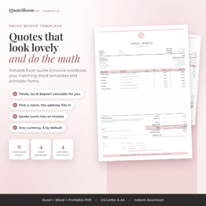 QuoteBloom price quote template for Excel and Word with automatic totals