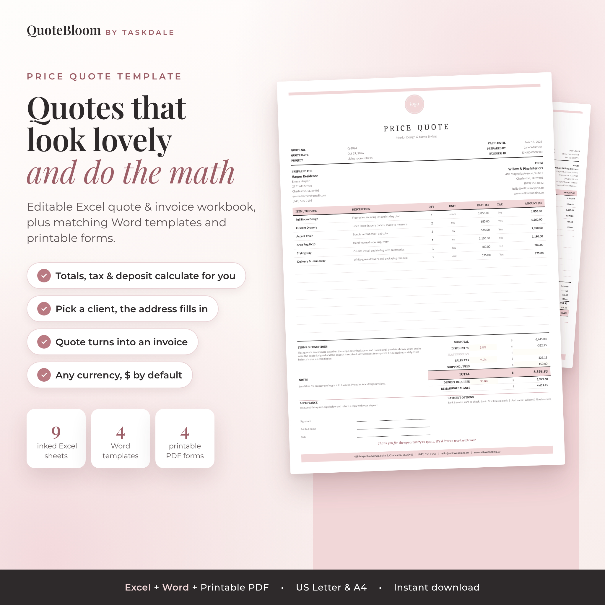 QuoteBloom price quote template for Excel and Word with automatic totals