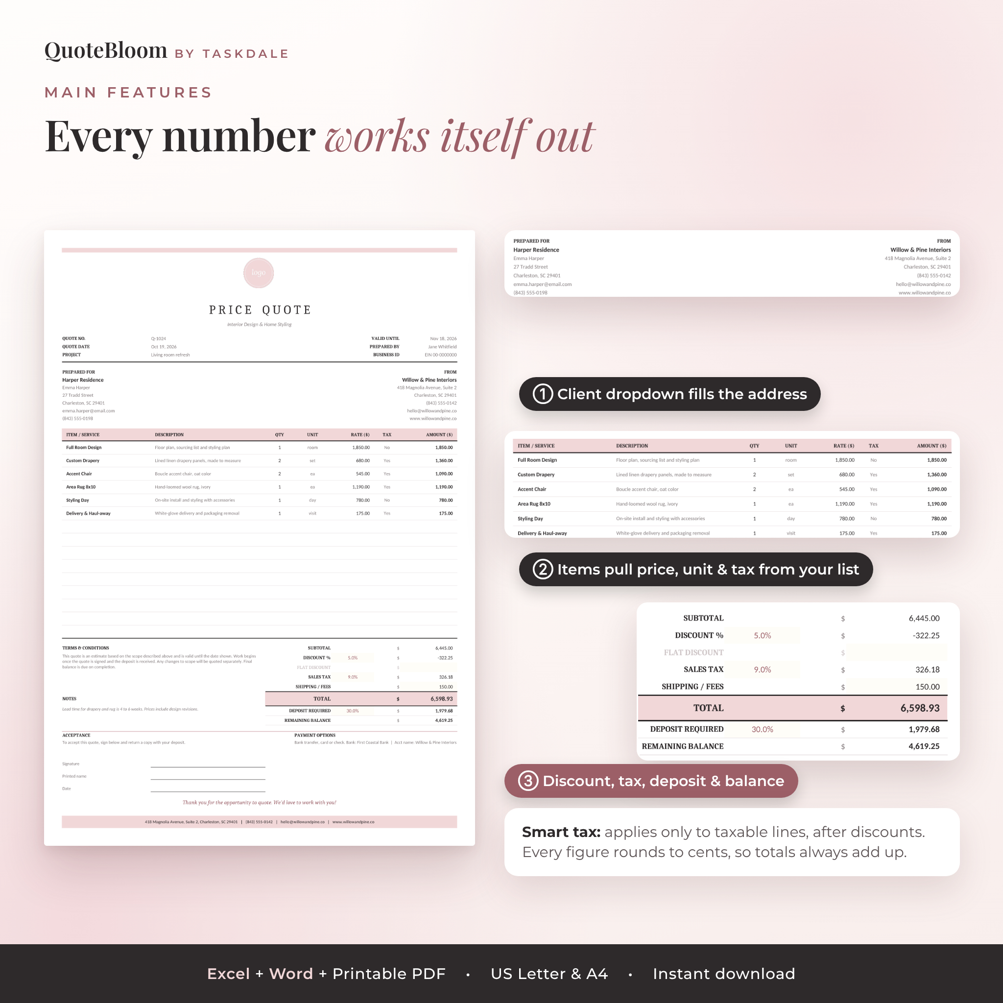 Editable quote template features: client dropdown, item list and automatic discount, tax and deposit