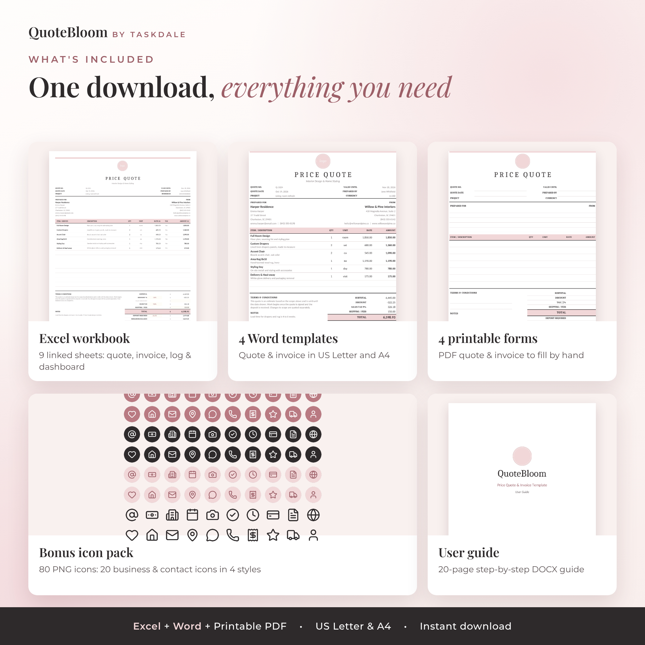 What's included: Excel quote and invoice workbook, Word templates, printable forms, icon pack and user guide