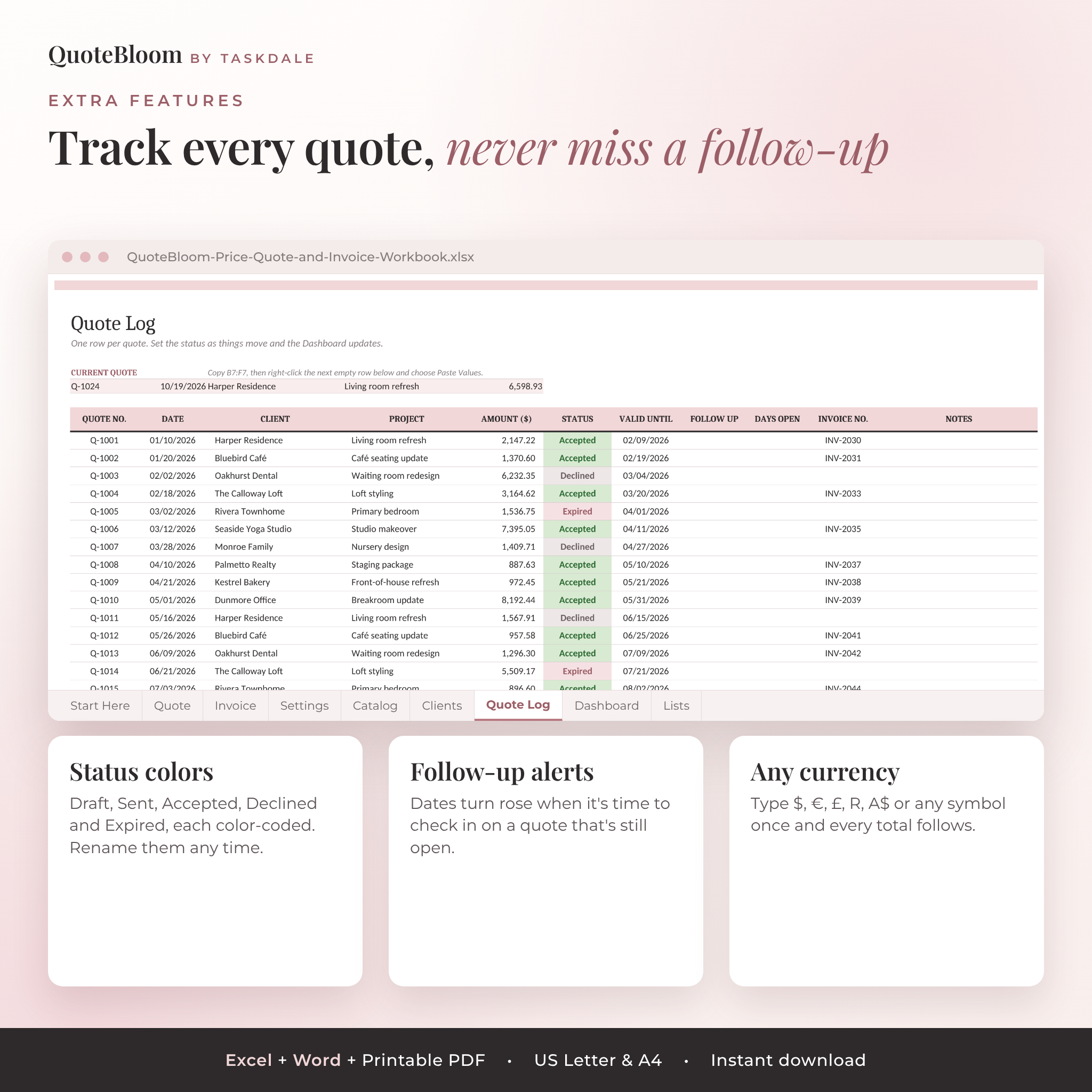 Quote log tracker with status colors and follow-up alerts