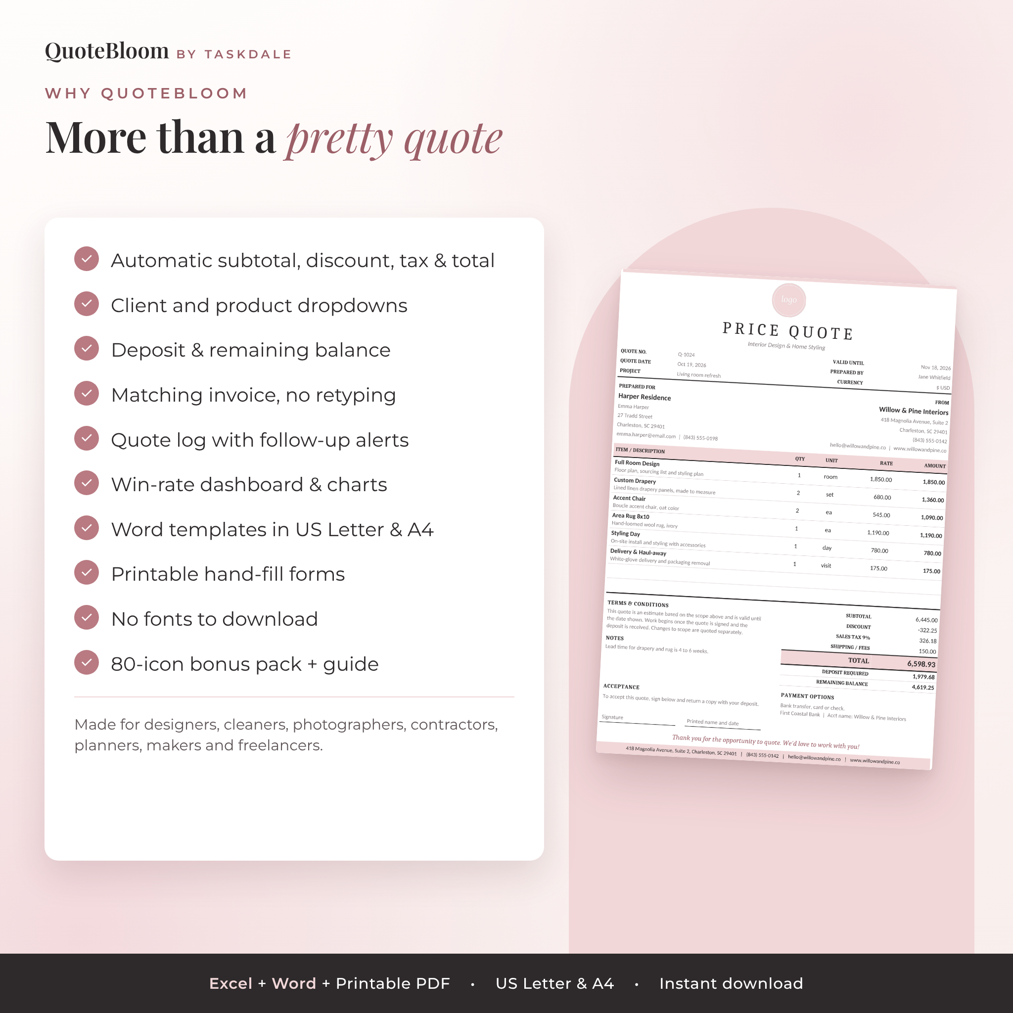 Why choose QuoteBloom: automatic quote and invoice template features
