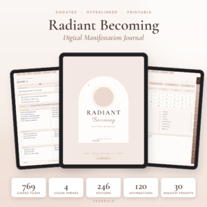 Radiant Becoming digital manifestation journal on iPad with cover, daily page and month hub