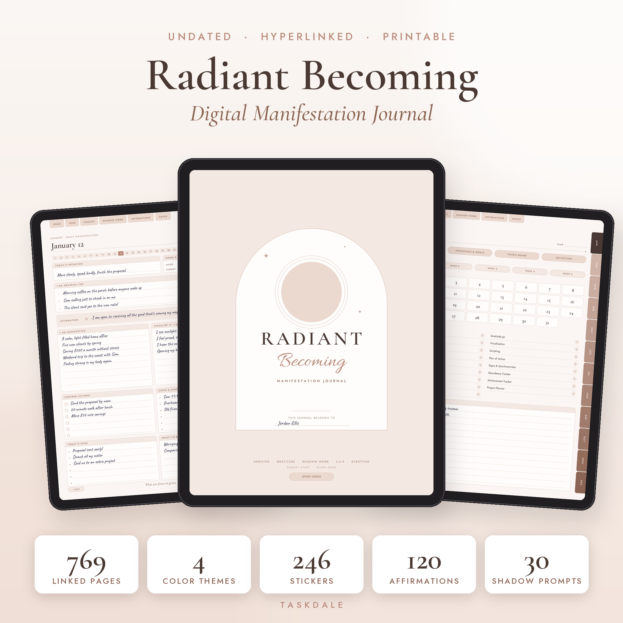 Radiant Becoming digital manifestation journal on iPad with cover, daily page and month hub
