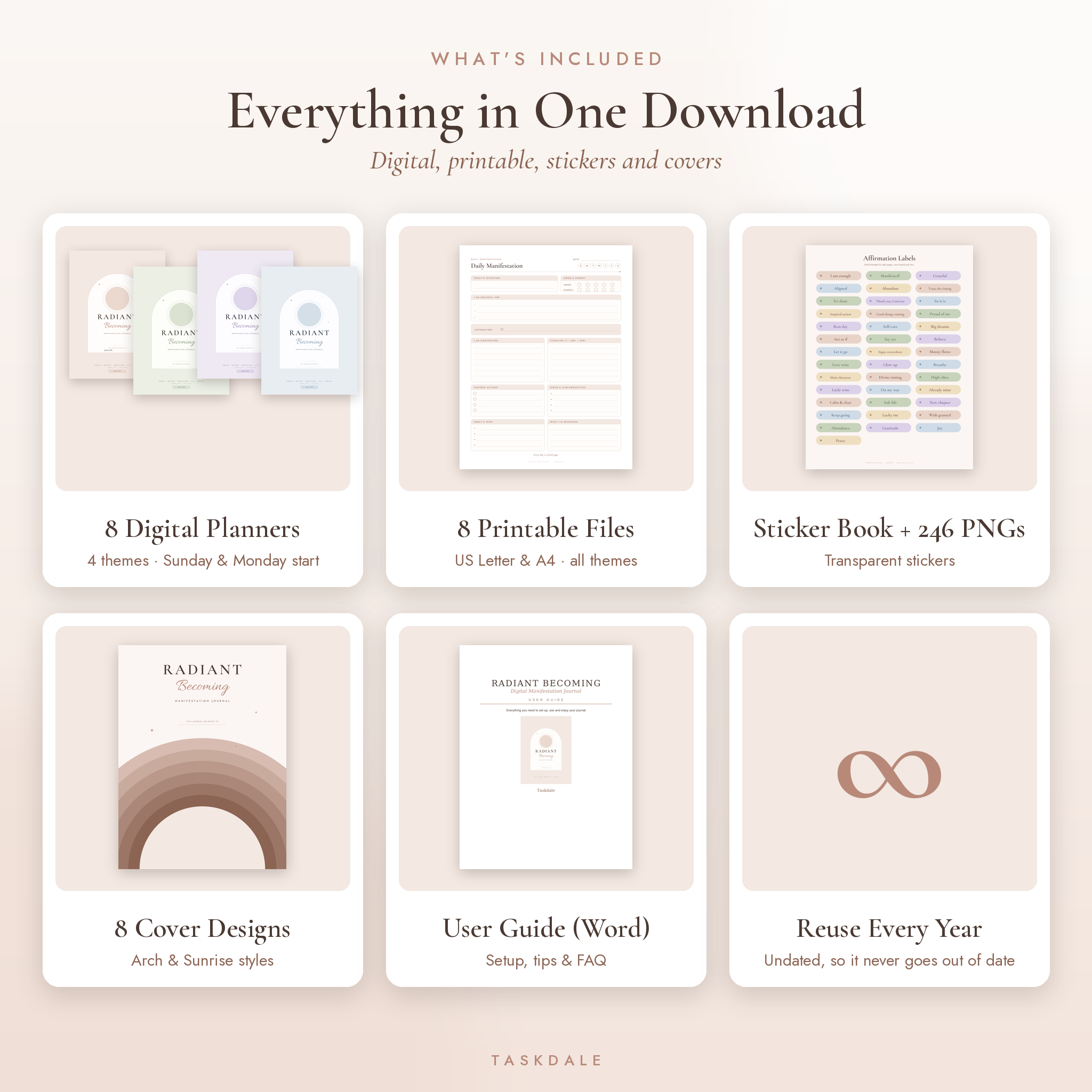 What's included: 8 digital planners, 8 printables, stickers, covers and user guide