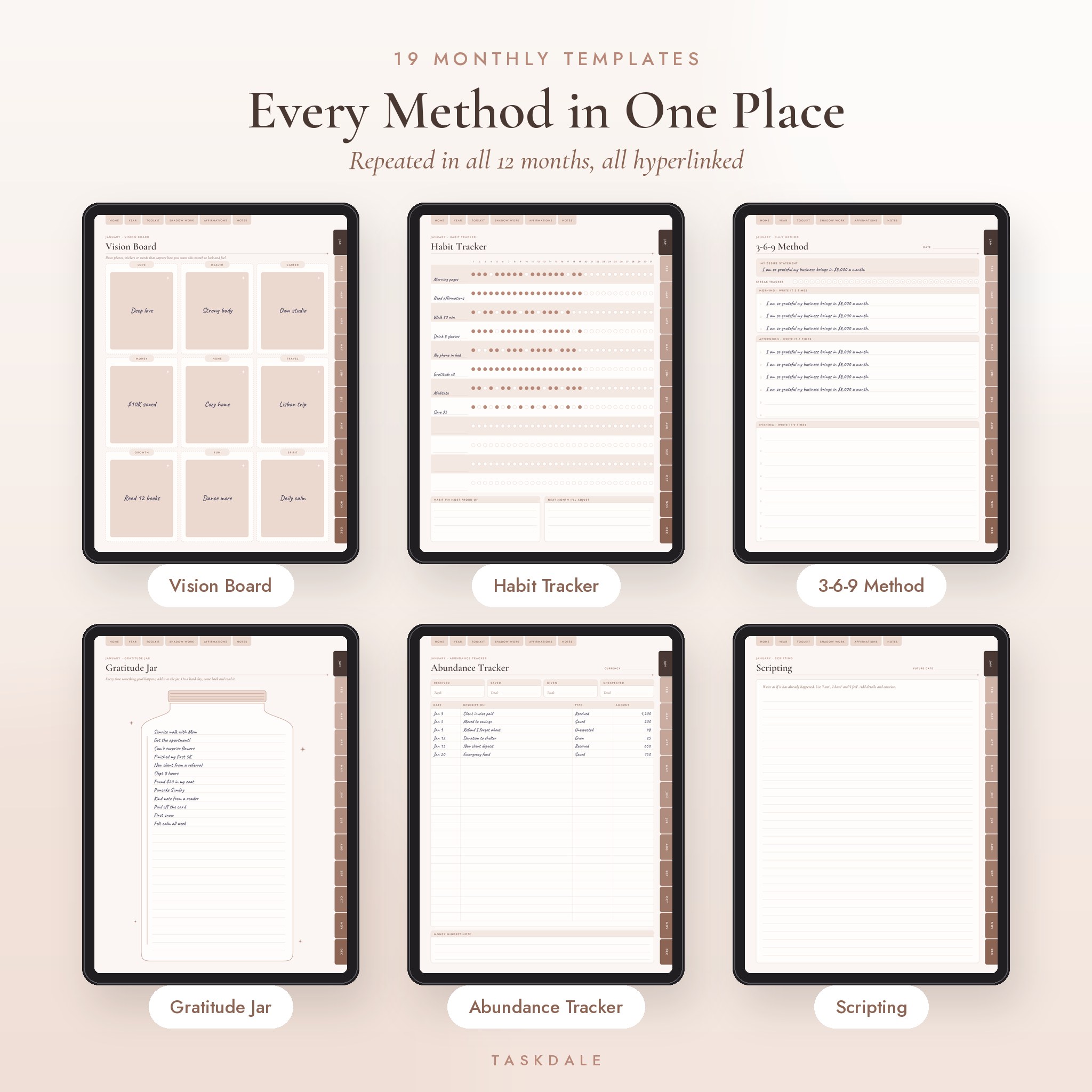 19 monthly manifestation templates including vision board, habit tracker and 3-6-9 method