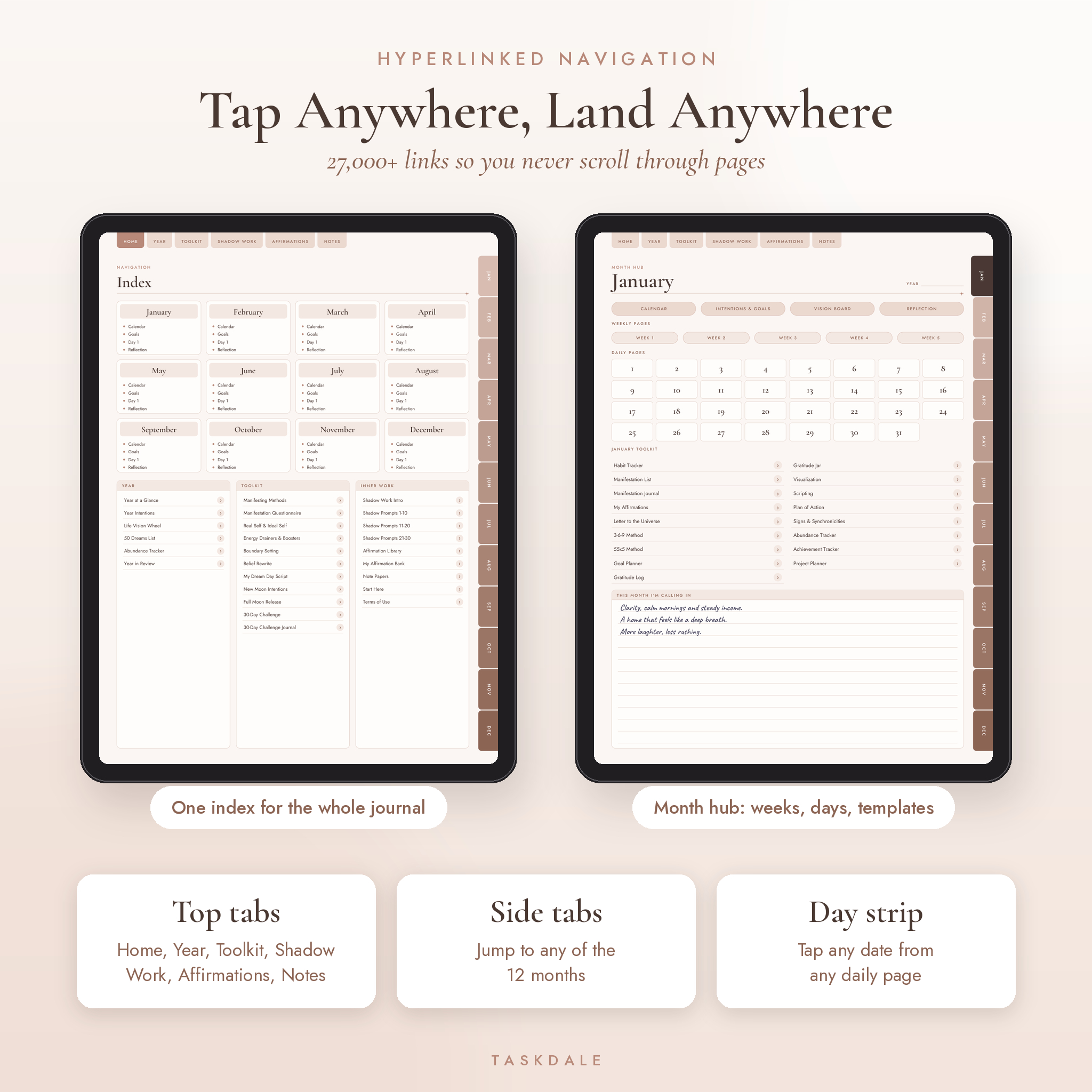 Hyperlinked index and month hub navigation in the digital planner