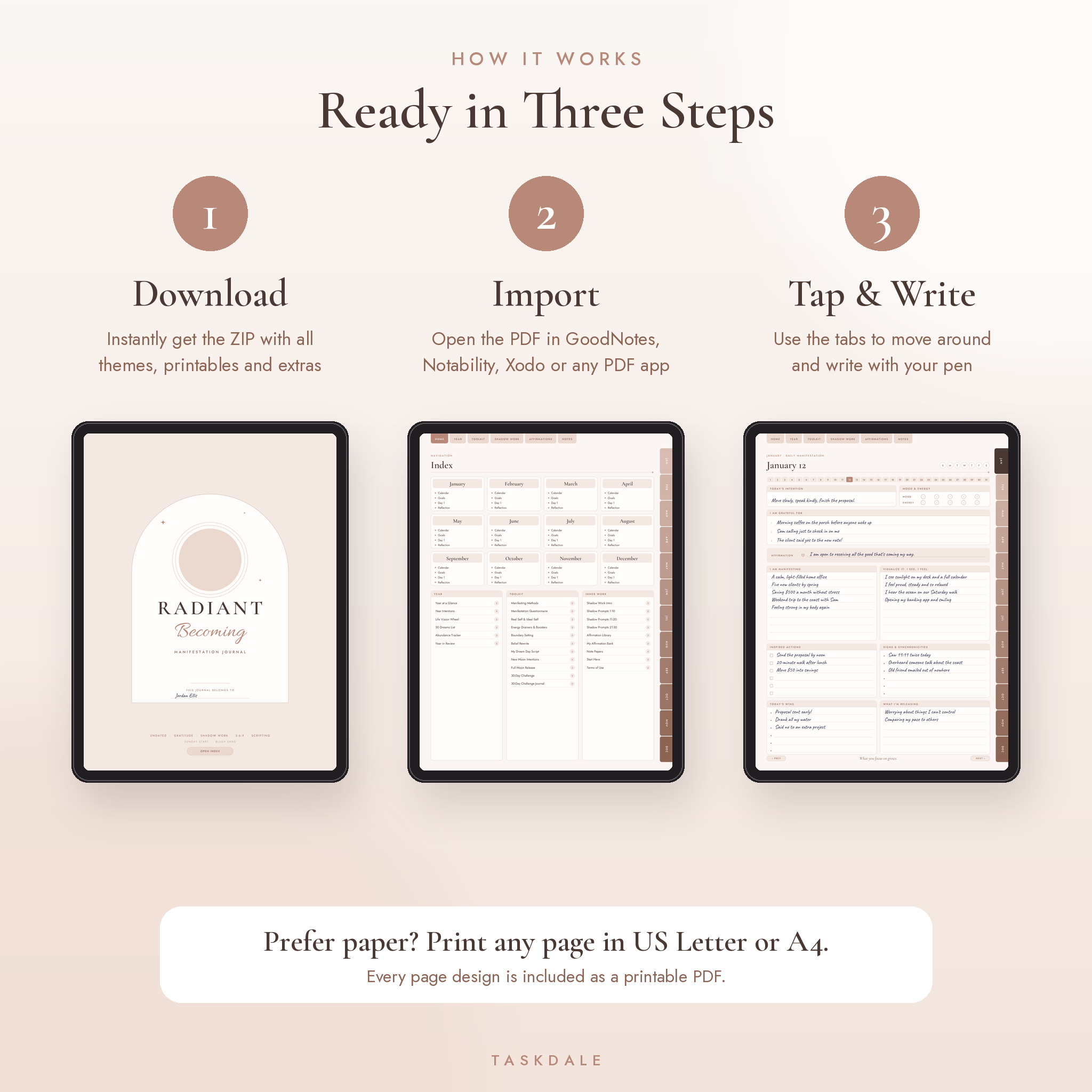 How it works: download, import into a note app, tap and write