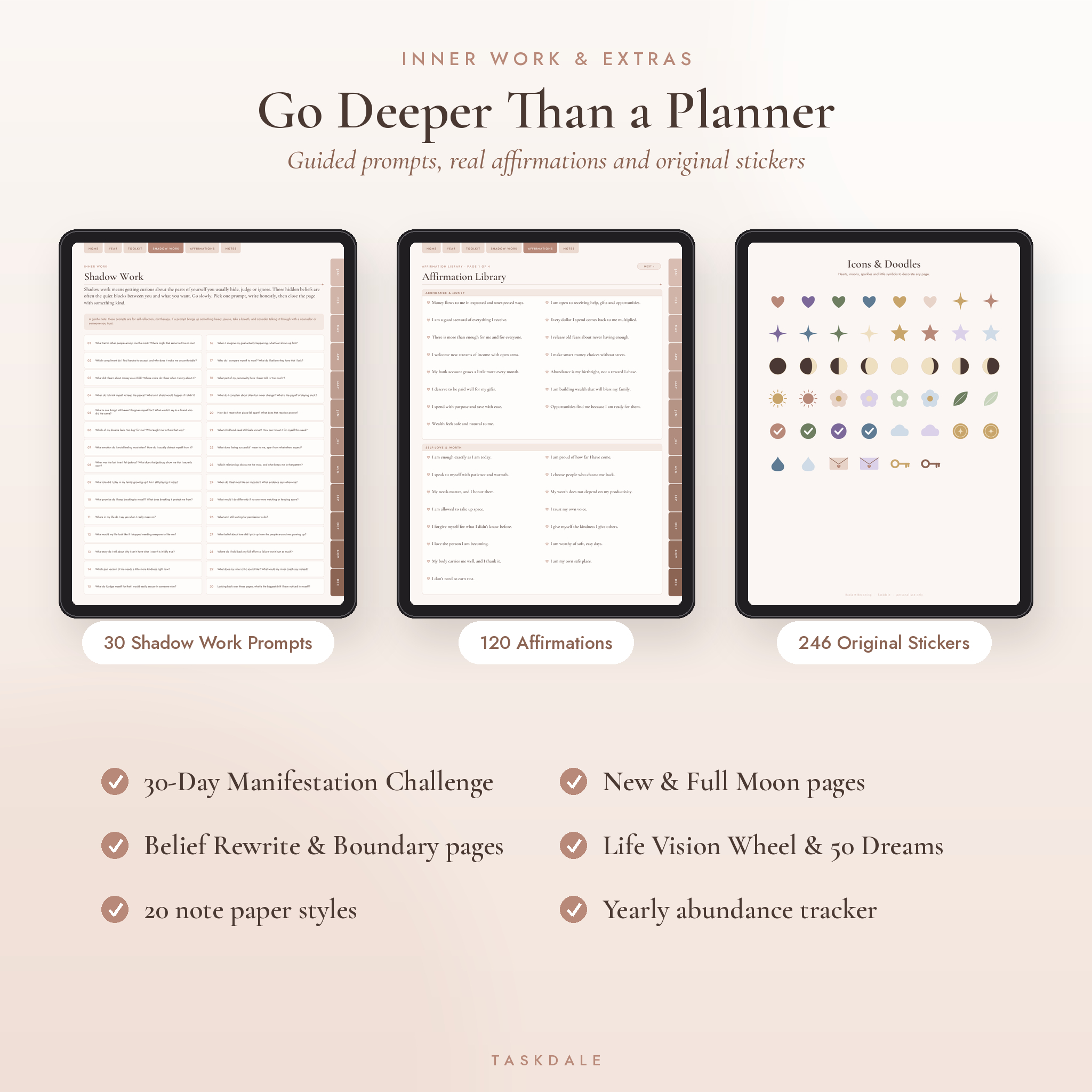 Shadow work prompts, affirmation library and digital stickers