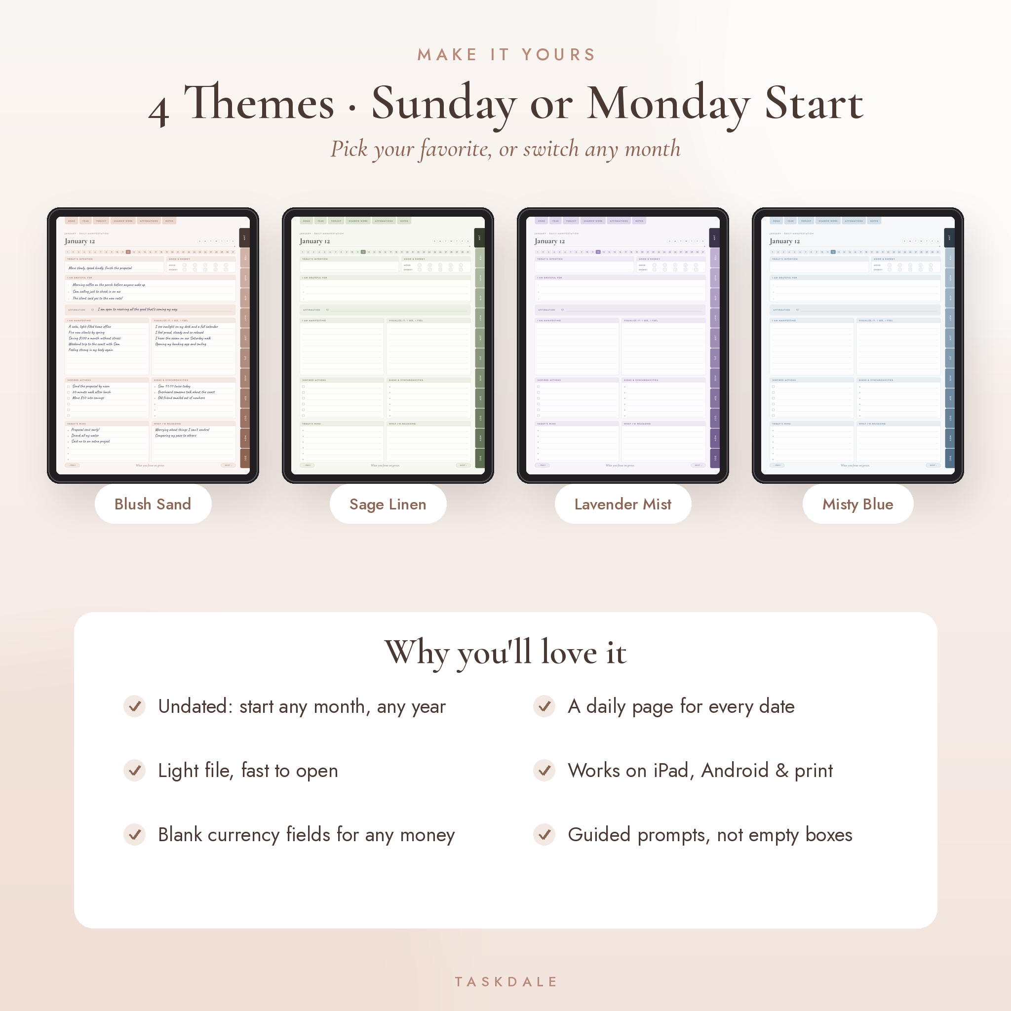 Four color themes with Sunday or Monday start