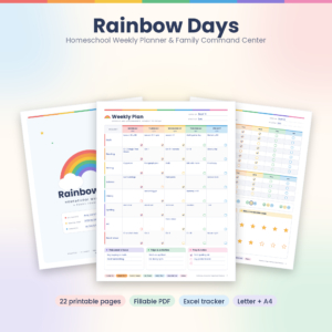 Rainbow Days homeschool weekly planner printable with cover, weekly plan and kids checklist