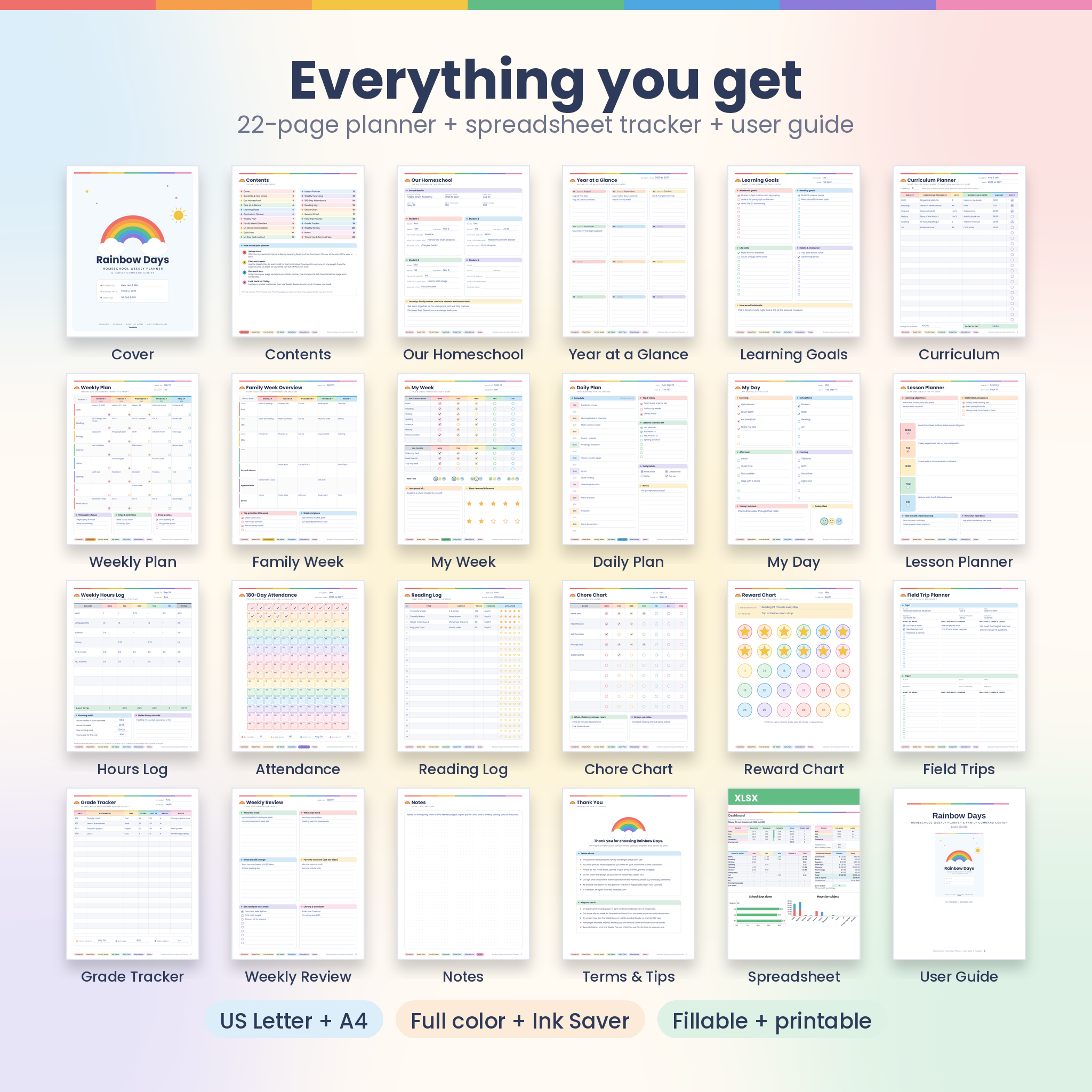 All 22 homeschool planner pages plus spreadsheet tracker and user guide