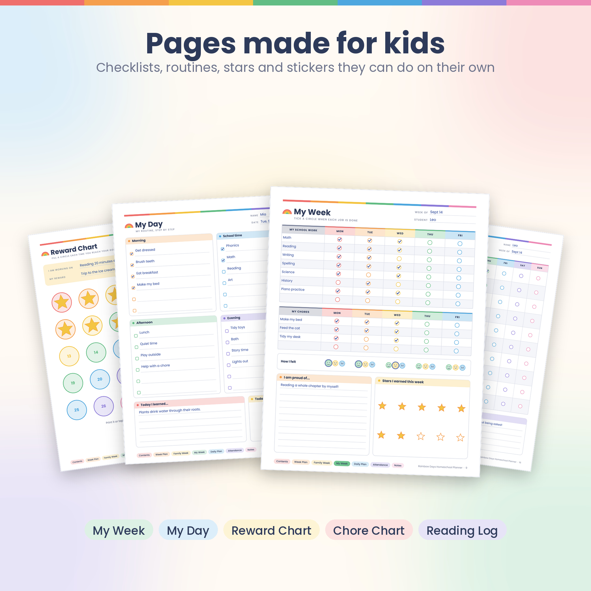 Kids homeschool pages: My Week checklist, My Day routine, reward chart and chore chart