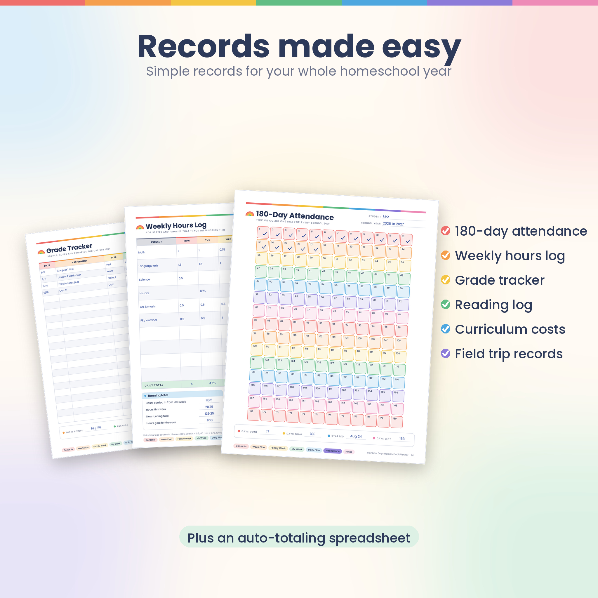 Homeschool records: 180 day attendance tracker, hours log and grade tracker