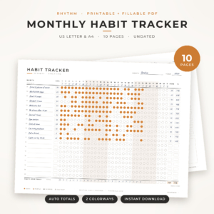 Rhythm monthly habit tracker printable and fillable PDF, landscape US Letter and A4