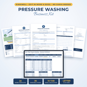 Pressure washing business kit with editable Word contract, intake form, invoice and Excel quote calculator dashboard