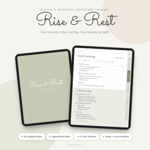 Rise & Rest digital gratitude journal shown on two tablets with a filled-in morning and evening daily page