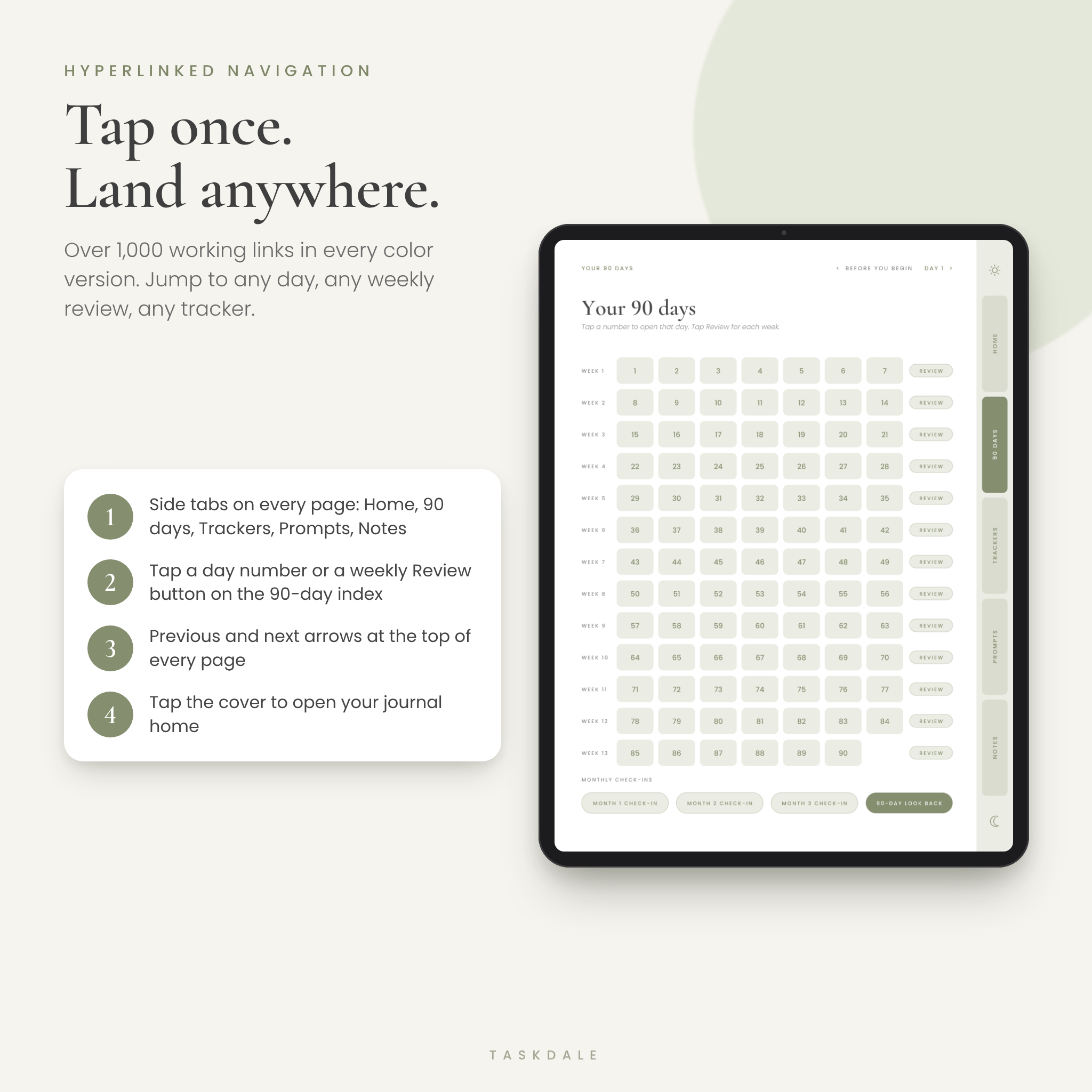Hyperlinked 90-day index page with side tabs for easy navigation in GoodNotes or Notability