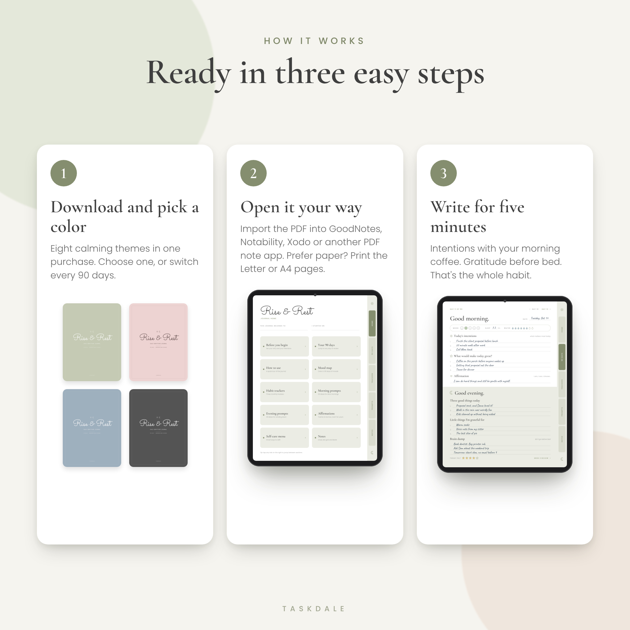 How the digital gratitude journal works in three steps: pick a color, import or print, write for five minutes