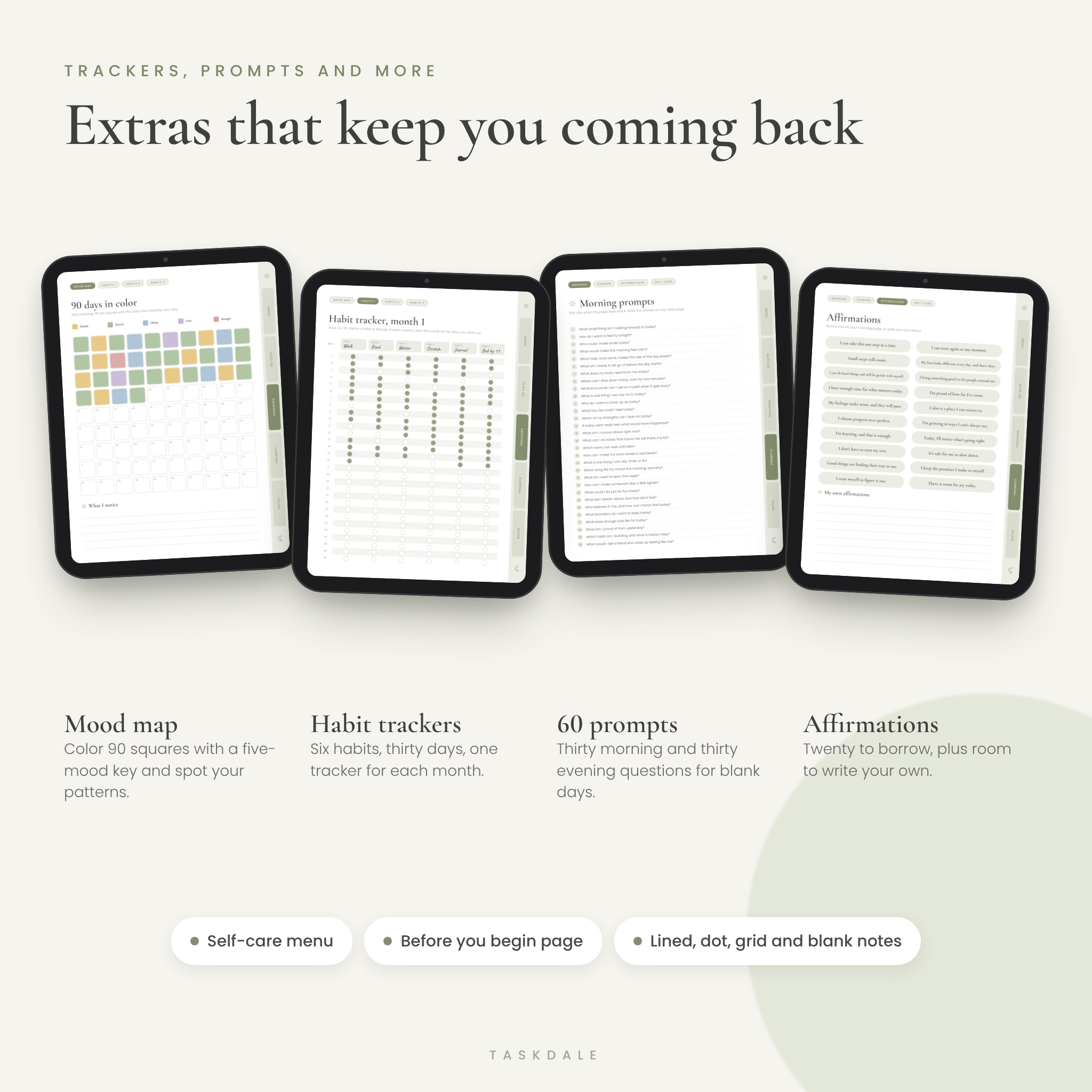 Mood map, habit tracker, journal prompts and affirmations pages in the gratitude journal