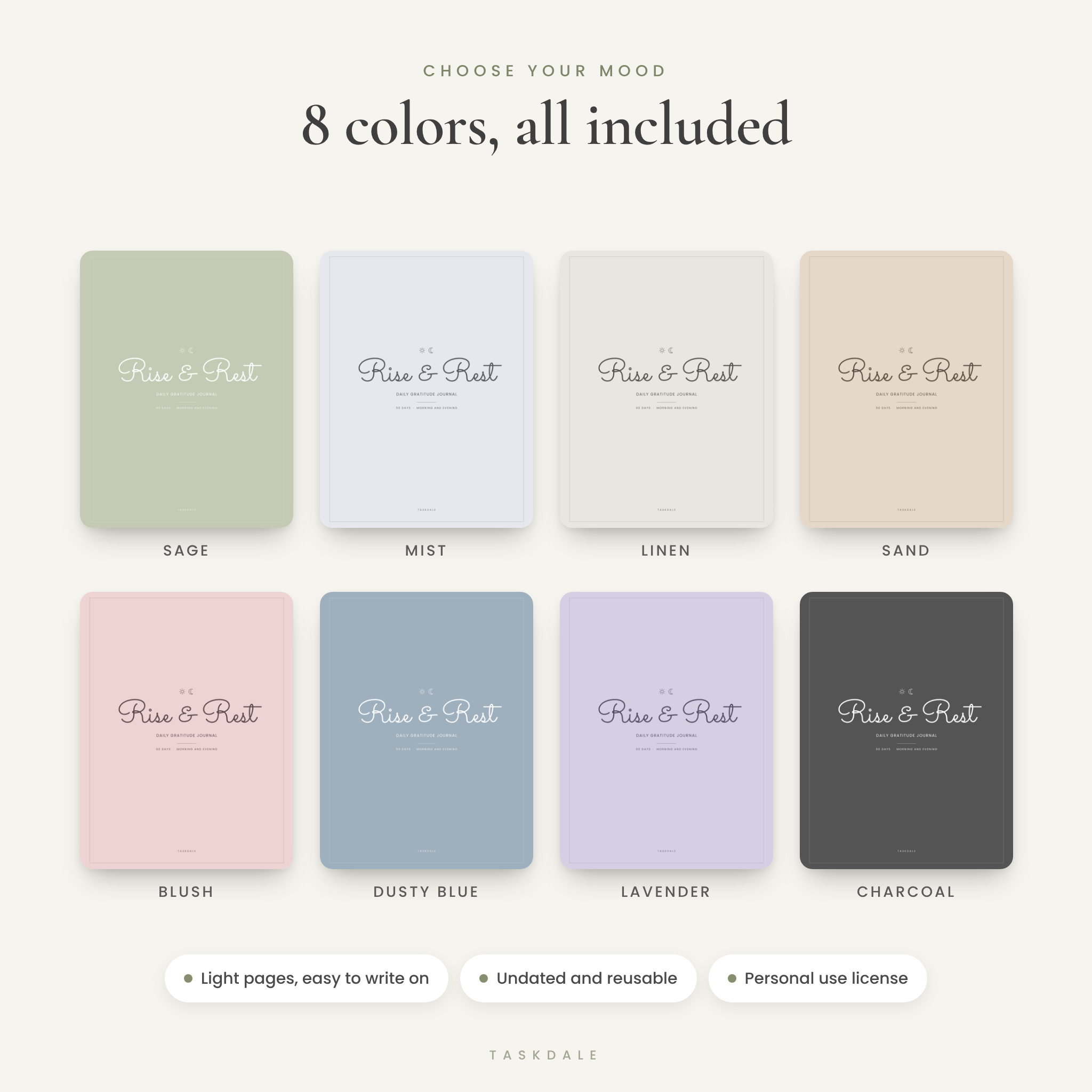 Eight color themes of the Rise & Rest gratitude journal cover: Sage, Mist, Linen, Sand, Blush, Dusty Blue, Lavender, Charcoal