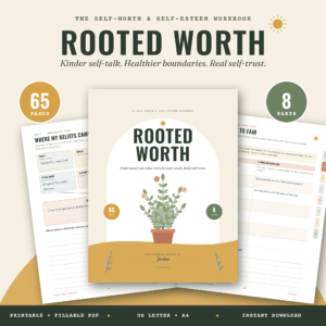 Rooted Worth self-worth workbook printable and fillable PDF cover with sample pages