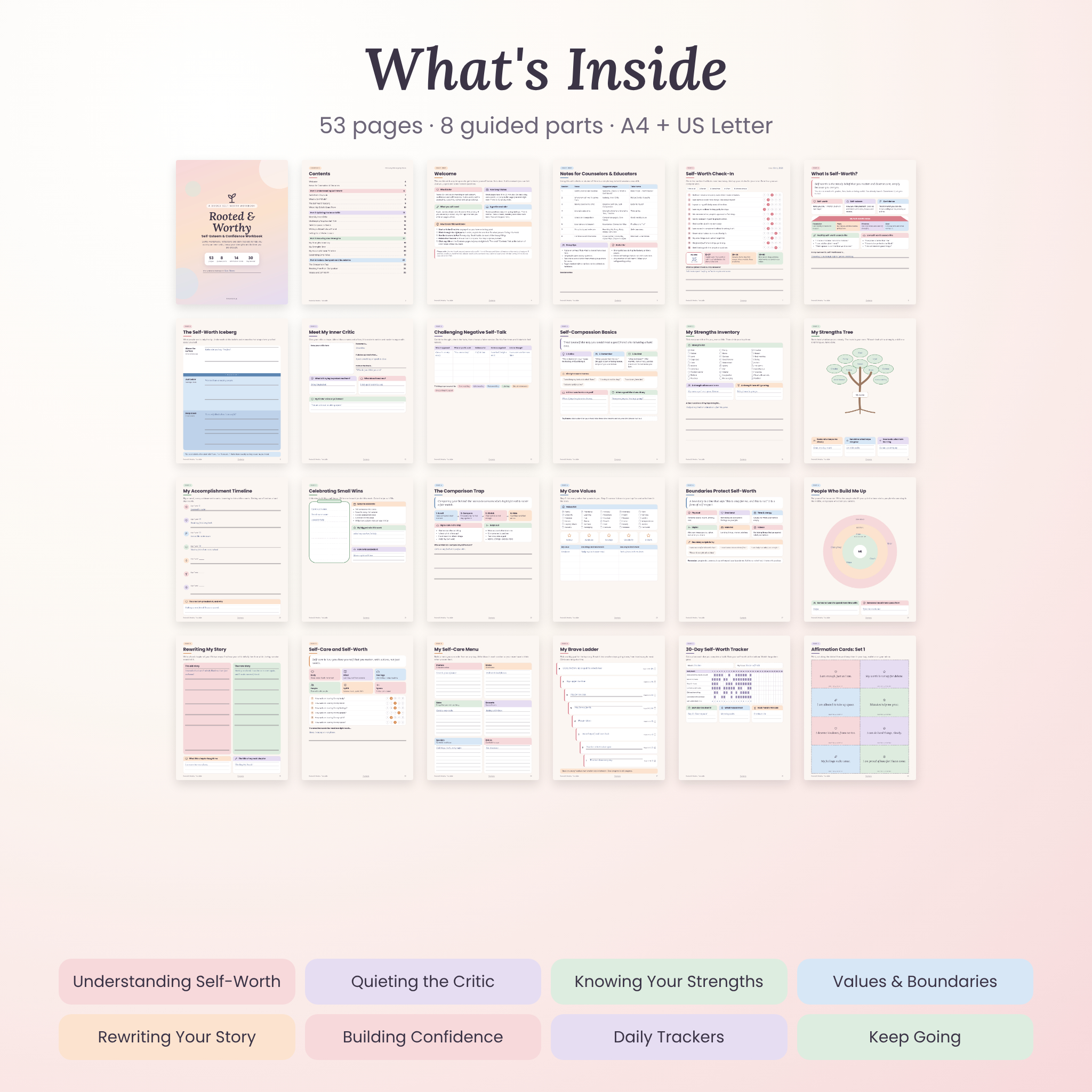 What is inside the 53 page self-worth workbook