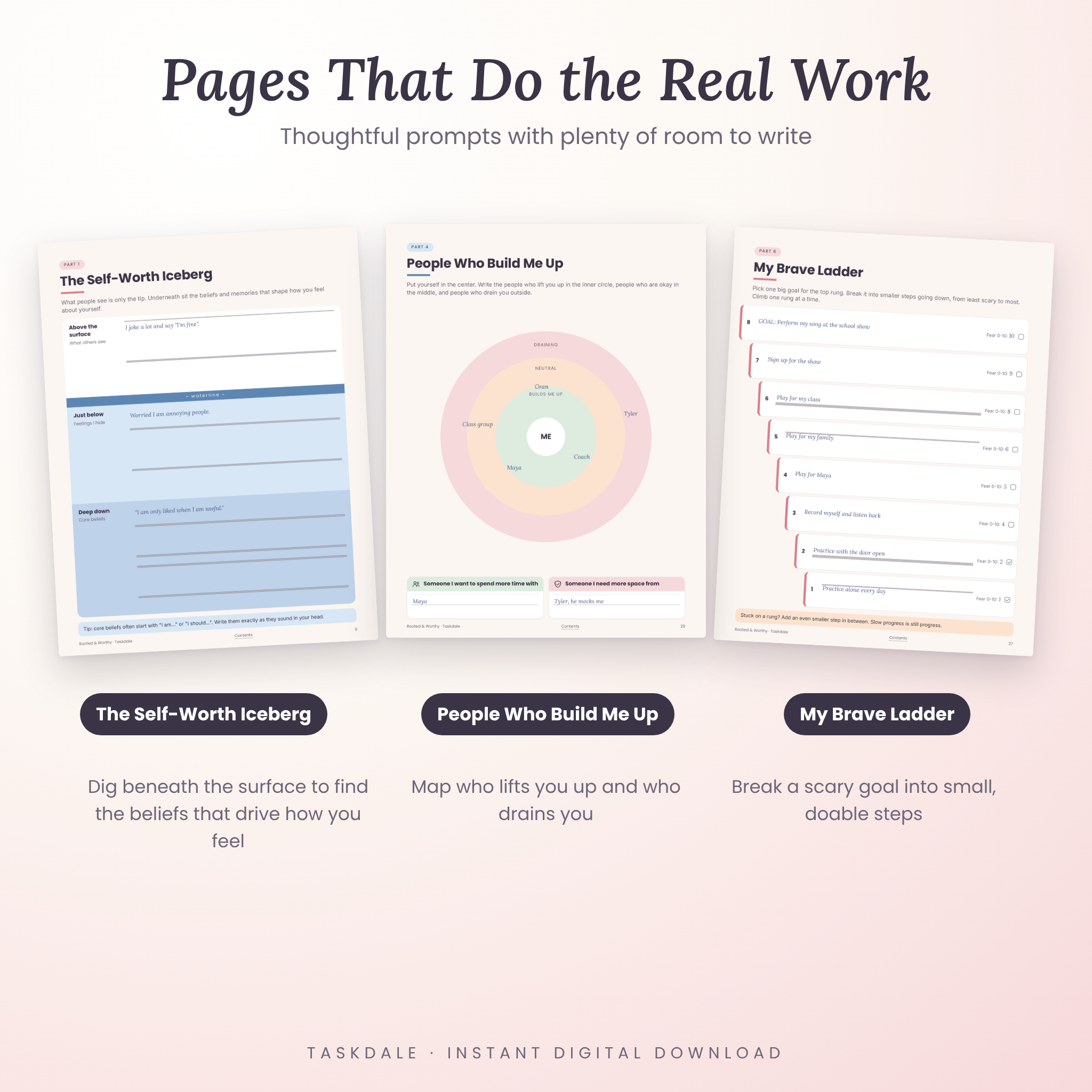 Self-worth iceberg, connection map and brave ladder worksheets