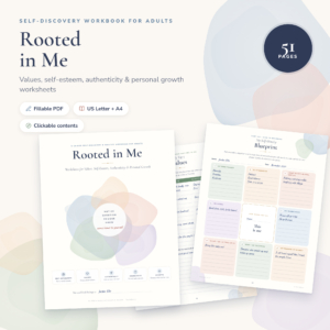 Rooted in Me self-discovery workbook for adults, 51 page fillable PDF