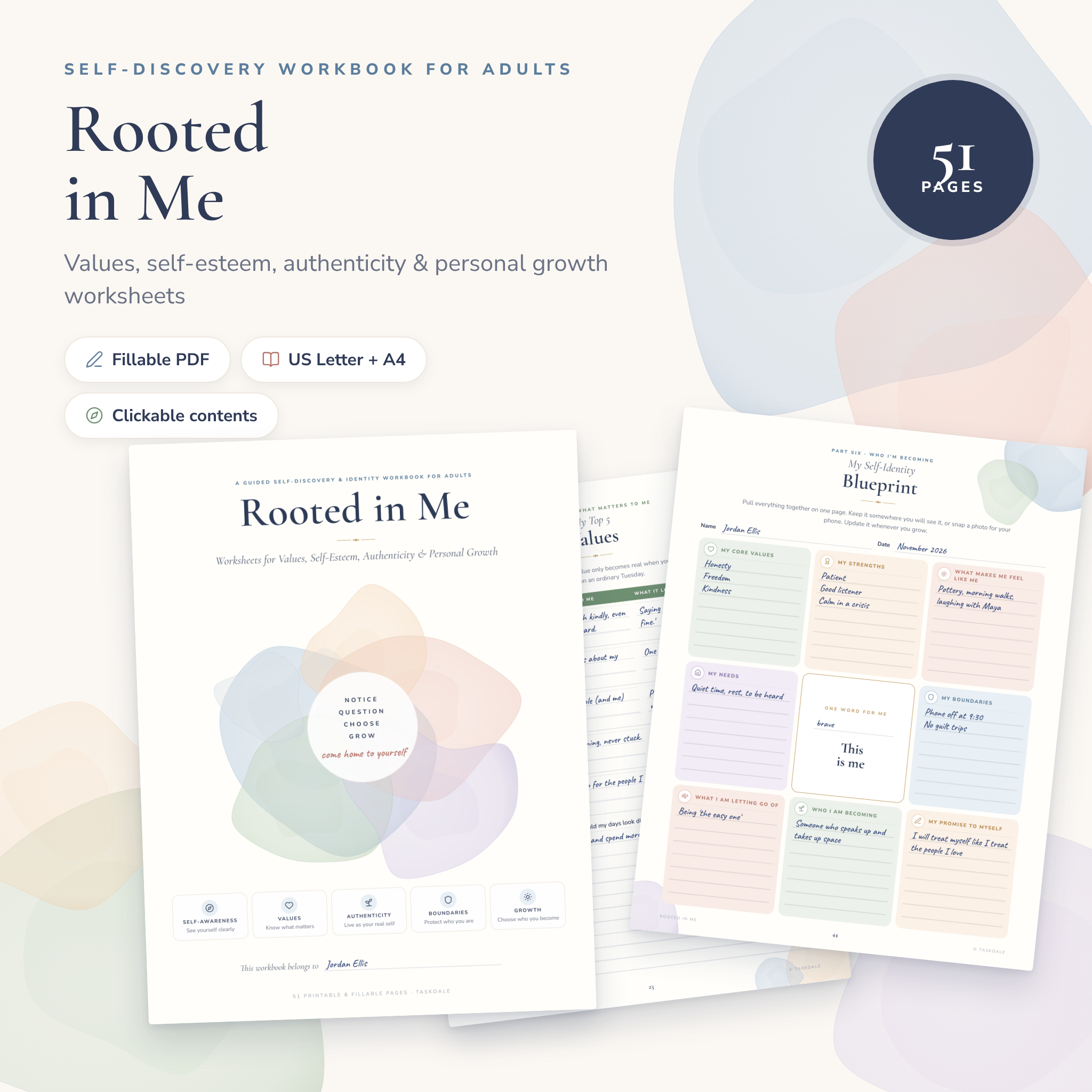 Rooted in Me self-discovery workbook for adults, 51 page fillable PDF