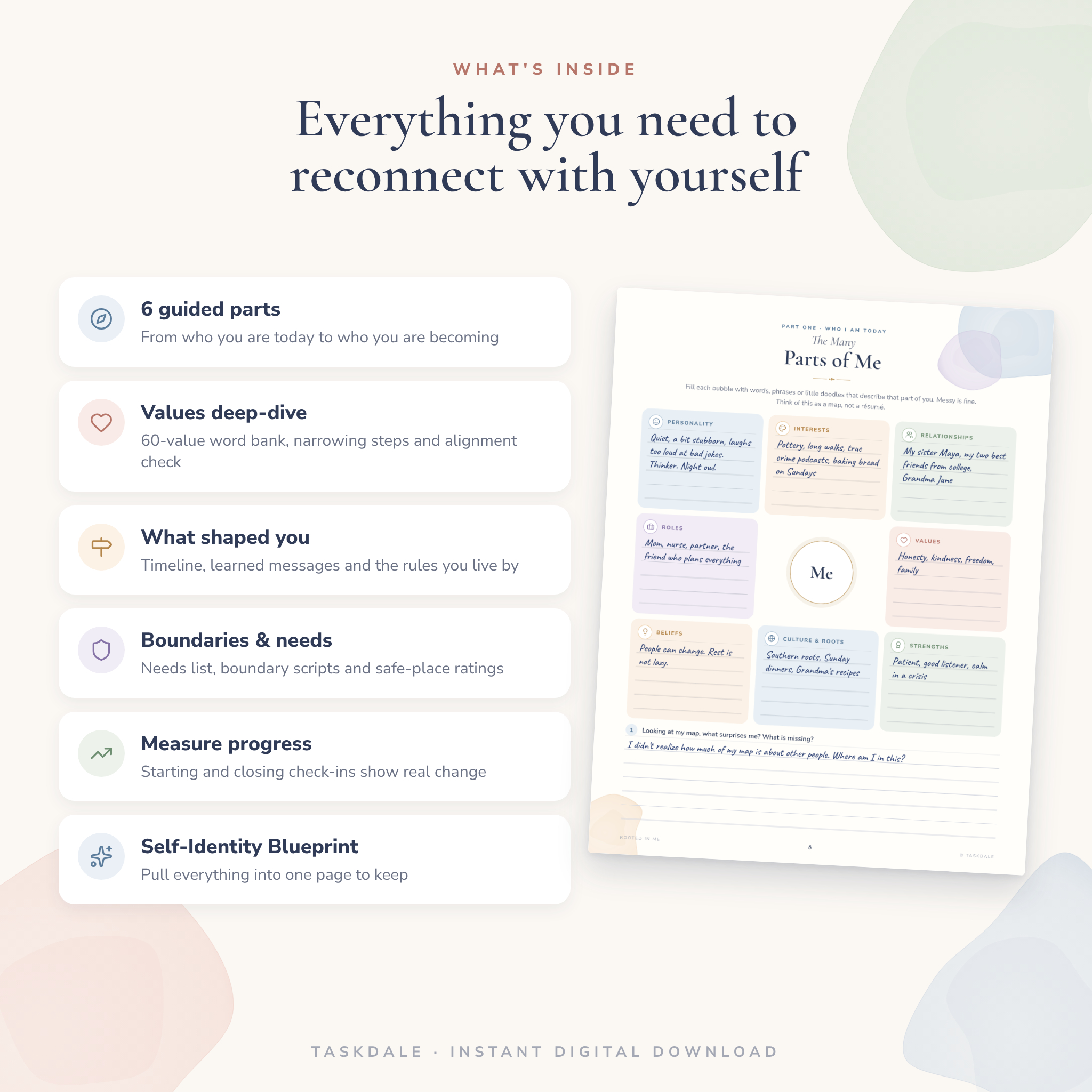 Self-identity workbook features: values, boundaries, timeline and Self-Identity Blueprint