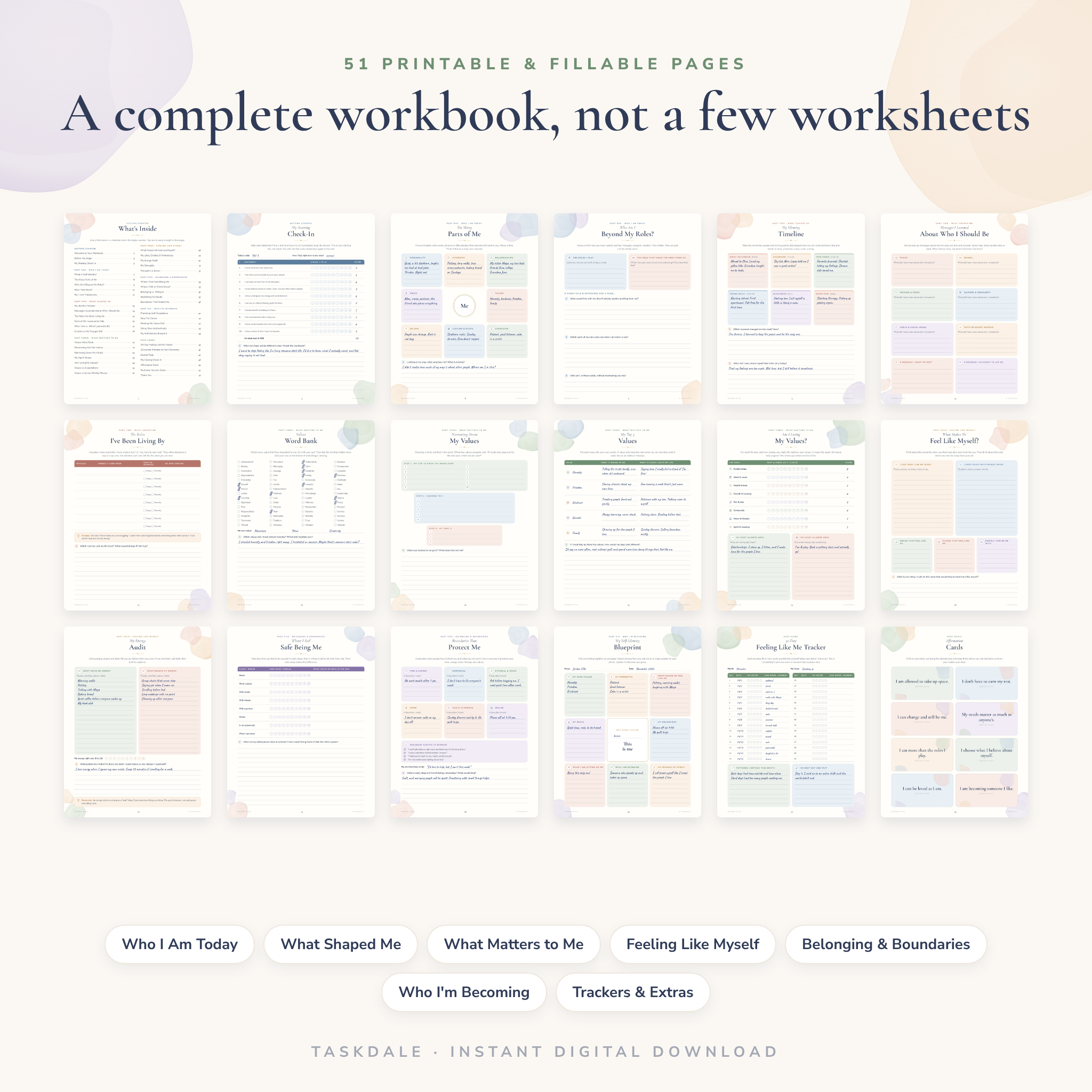 All pages included in the self-discovery workbook, printable and fillable