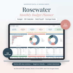 Rosewater monthly budget spreadsheet dashboard for Excel and Google Sheets on a laptop