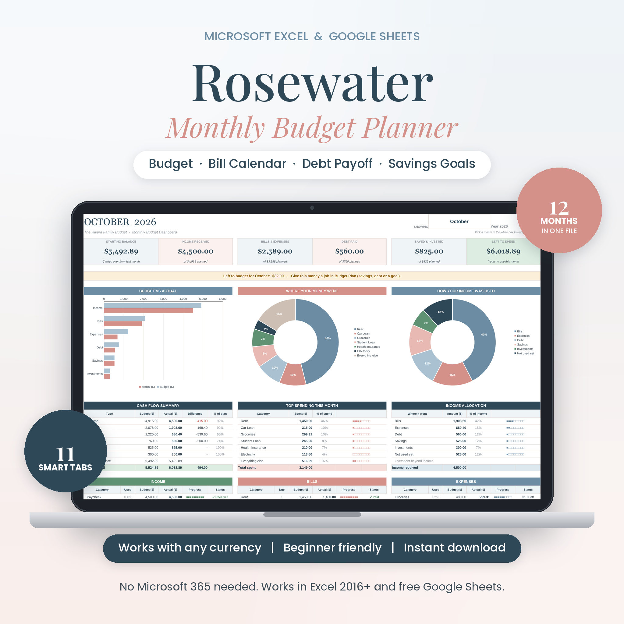 Rosewater monthly budget spreadsheet dashboard for Excel and Google Sheets on a laptop