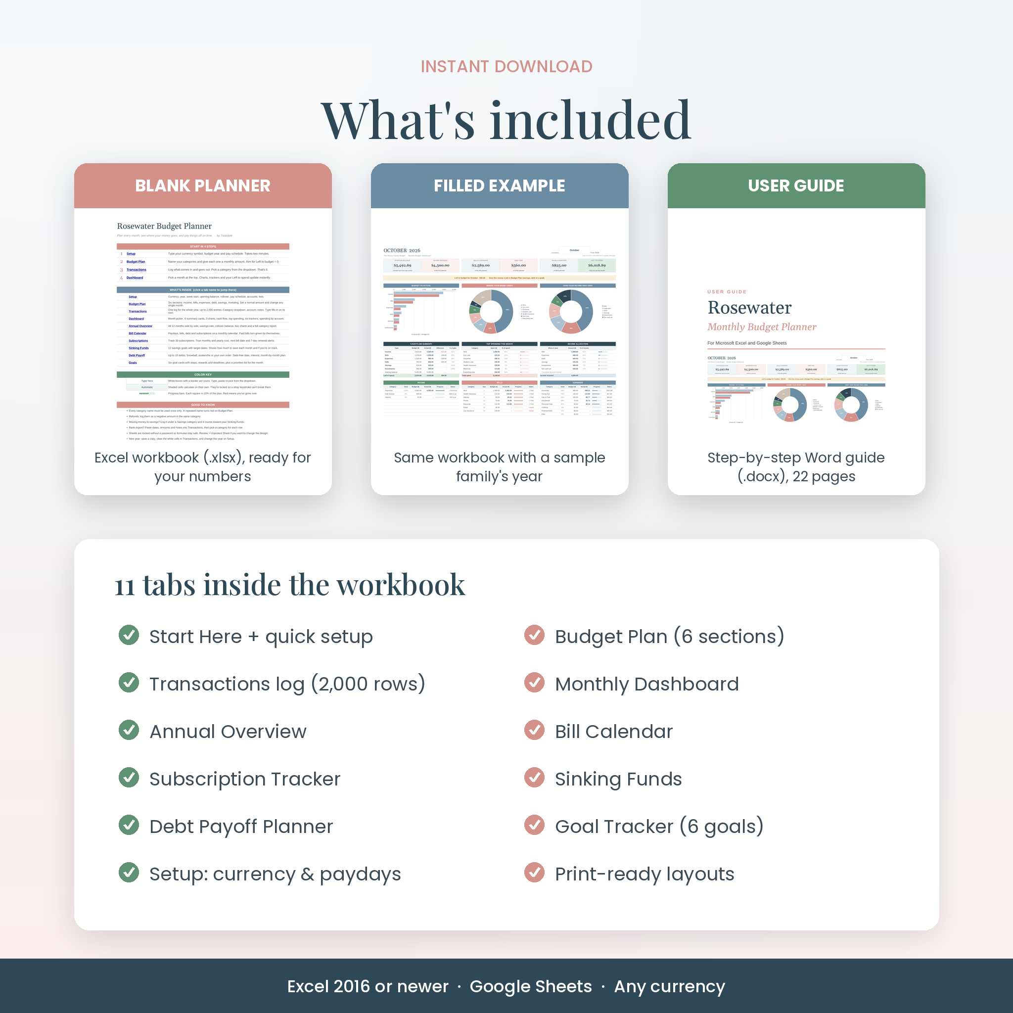 What's included: blank budget spreadsheet, filled example and user guide