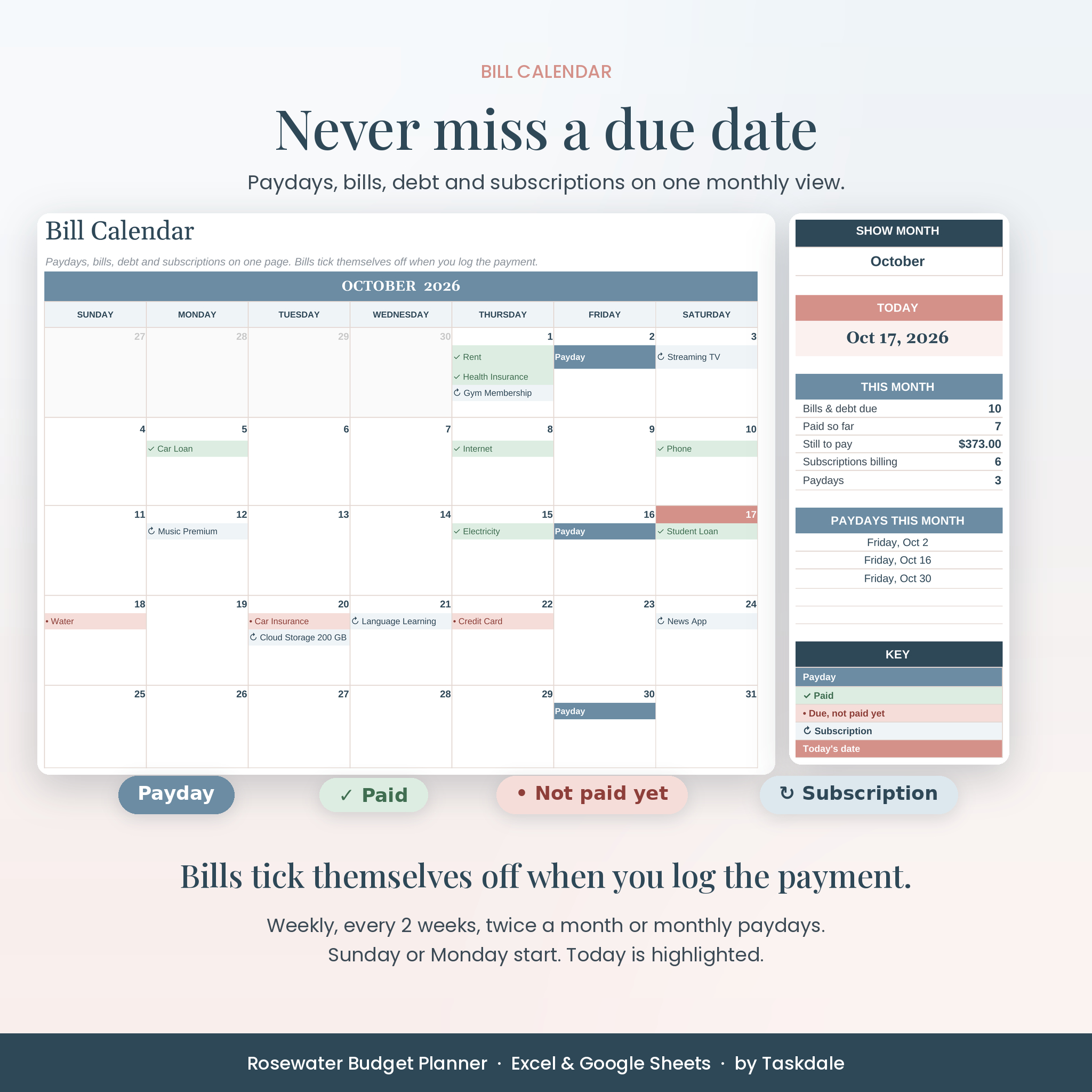 Bill calendar spreadsheet with paydays, paid bills and subscriptions