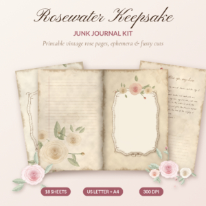 Rosewater Keepsake printable junk journal kit with vintage watercolor rose pages