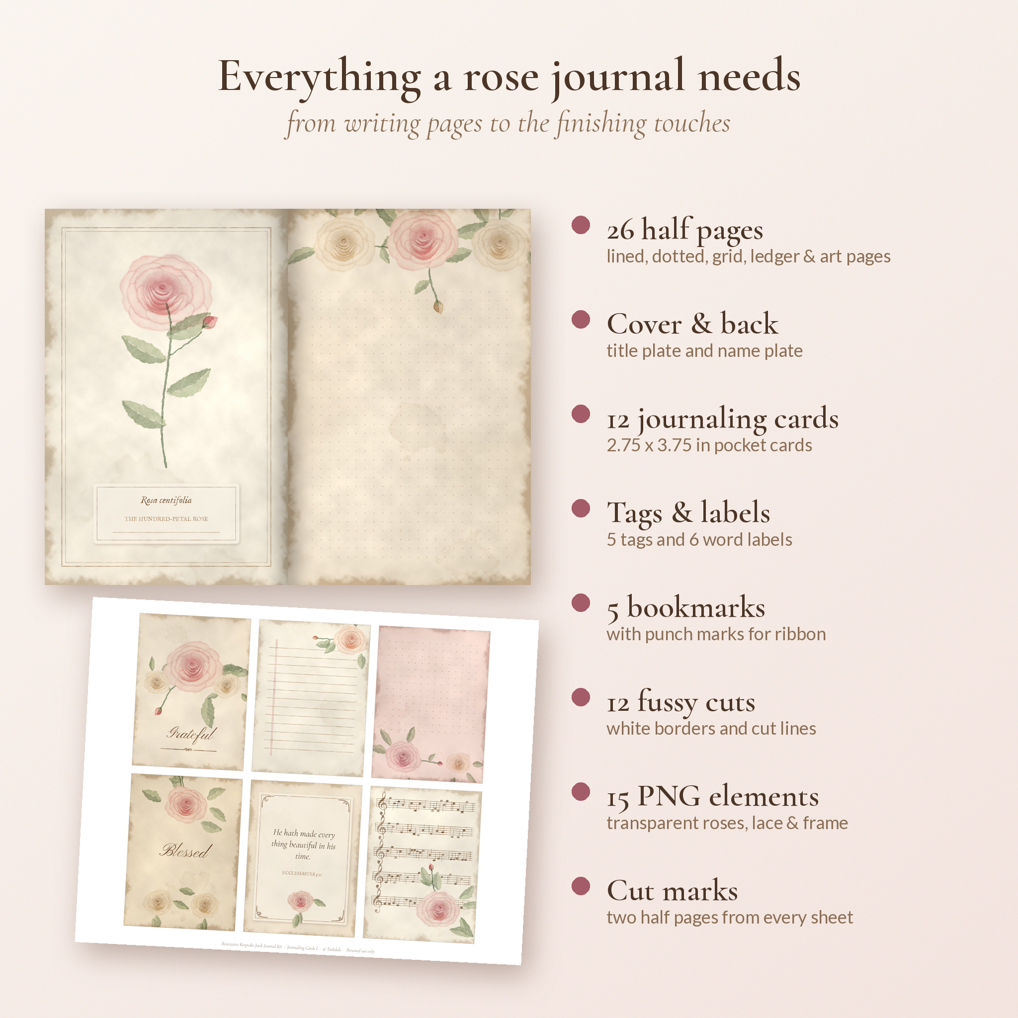 Rosewater Keepsake junk journal kit features: half pages, cover, cards, tags, bookmarks, fussy cuts and PNG elements