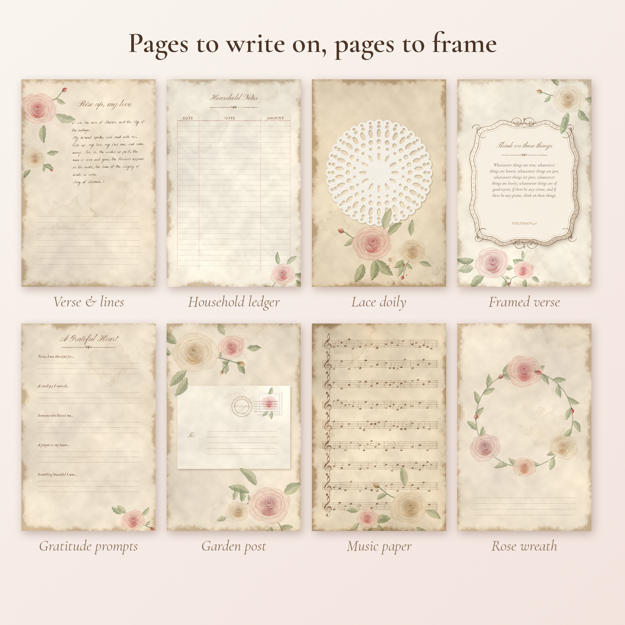 Rosewater Keepsake journal pages: verse page, household ledger, lace doily, framed verse, gratitude prompts, envelope, music paper and rose wreath